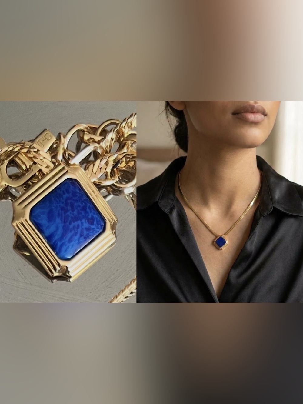 1980s Christian Dior Gold Plated Blue Cabochon Pendant Necklace